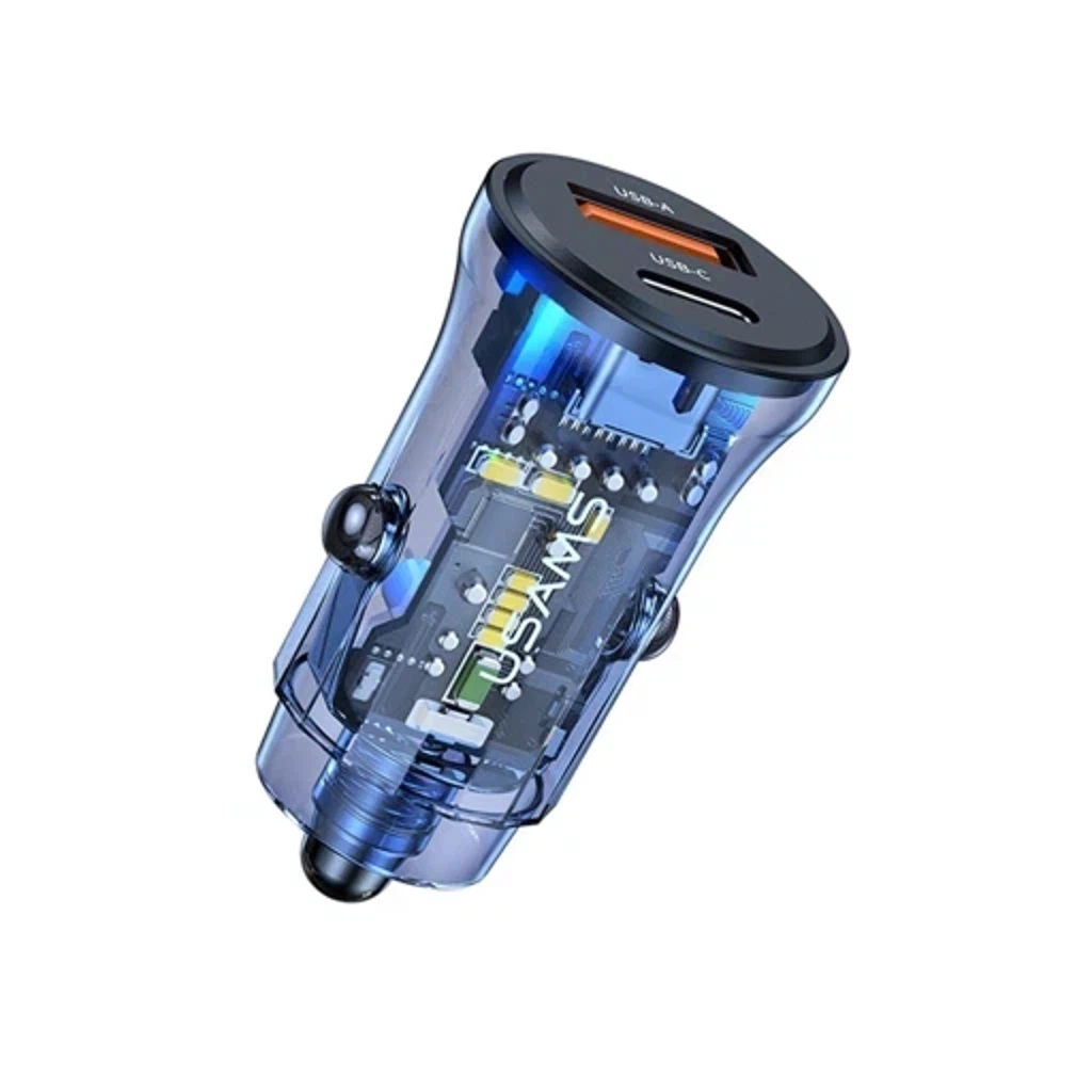 Автомобильное зарядное устройство USAMS Car Charger C32 30W Transparent USB + Tyoe-C Mini Transparent Black (CC164CC01)